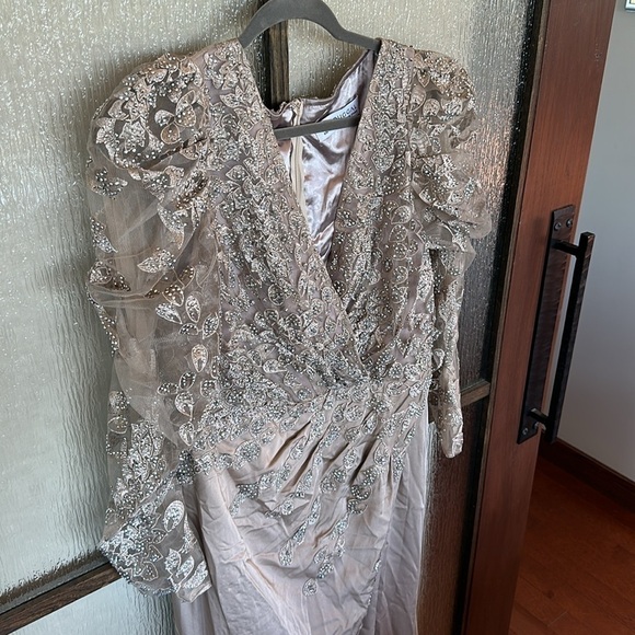 Mac Duggal 20346 Embellished Faux Wrap Illusion Puff Sleeve Gown Taupe 14 - Picture 7 of 13